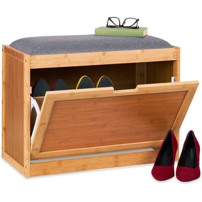 Relaxdays Bamboo Shoe Storage Bench with Cushion - Entryway Storage - Natural/Gray - 49x63x29.5 cm Relaxdays Bamboo Shoe Storage Bench with Cushion - Entryway Storage - Natural/Gray - 49x63x29.5 cm
