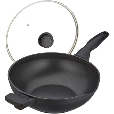 Relaxdays Wok de aluminio negro con tapa - 30cm - Antiadherente Relaxdays Wok de aluminio negro con tapa - 30cm - Antiadherente