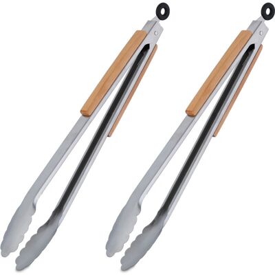 RELAXDAYS - Barbecue Tongs - Stainless Steel - Wood Handle - Set of 2 RELAXDAYS - Barbecue Tongs - Stainless Steel - Wood Handle - Set of 2