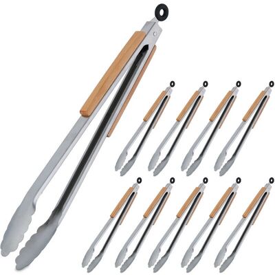 Relaxdays - Set 10 Grill Tongs - Stainless Steel & Wood - Silver/Natural Relaxdays - Set 10 Grill Tongs - Stainless Steel & Wood - Silver/Natural
