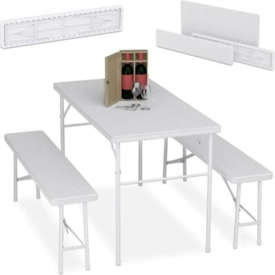 Relaxdays Ensemble de Jardin Pliable - 3 Pièces, Table Extérieure, 2 Bancs - Effet Rotin - Blanc Relaxdays Ensemble de Jardin Pliable - 3 Pièces, Table Extérieure, 2 Bancs - Effet Rotin - Blanc