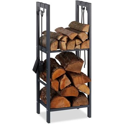 Relaxdays Étagère à Bois en Acier Anthracite avec 2 Étagères et Crochets Relaxdays Étagère à Bois en Acier Anthracite avec 2 Étagères et Crochets