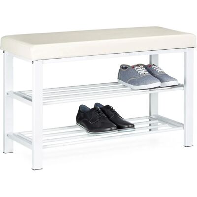 Banco para Sapatos Relaxdays - Branco - Metal-Couro Sintético - 2 Prateleiras Banco para Sapatos Relaxdays - Branco - Metal-Couro Sintético - 2 Prateleiras