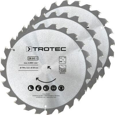 Ensemble de lames de scie circulaire TROTEC - 3 pièces pour bois Ø 190mm Ensemble de lames de scie circulaire TROTEC - 3 pièces pour bois Ø 190mm