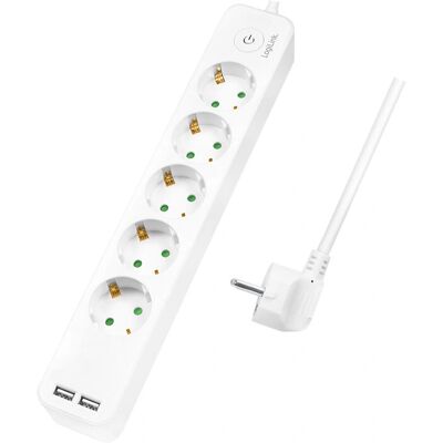 LogiLink Strømskinne - 5 uttak, 2 USB, 1,5m, Hvit LogiLink Strømskinne - 5 uttak, 2 USB, 1,5m, Hvit