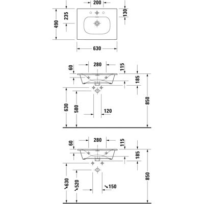 Duravit Viu Wandwaschtisch - 630mm, Weiß, Überlauf, 1 Hahnloch - Waschbecken Duravit Viu Wandwaschtisch - 630mm, Weiß, Überlauf, 1 Hahnloch - Waschbecken