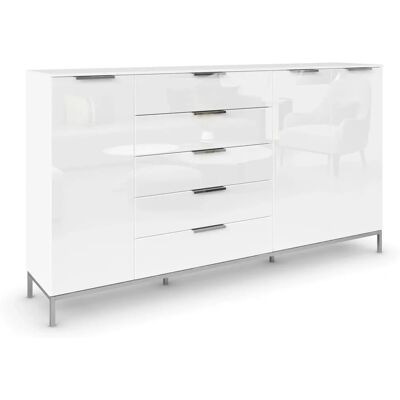 Rauch Flipp Sideboard - Alpinweiß & Kristallglas - 3-türig, 5 Schubladen Rauch Flipp Sideboard - Alpinweiß & Kristallglas - 3-türig, 5 Schubladen