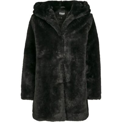 Urban Classics Damen Kapuzen Teddy Mantel (TB2375) - schwarz Urban Classics Damen Kapuzen Teddy Mantel (TB2375) - schwarz
