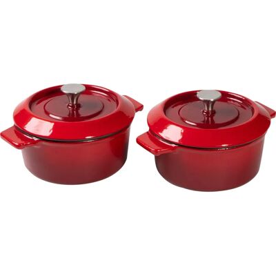 Woll Iron Cast Iron Mini Pot Set - 2 pcs, Ø 10 cm, with Lid, Red Woll Iron Cast Iron Mini Pot Set - 2 pcs, Ø 10 cm, with Lid, Red