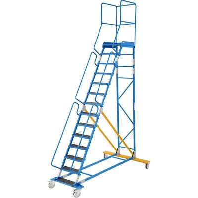 Escalera móvil con plataforma Eurokraft pro - 14 peldaños, azul claro, acero Escalera móvil con plataforma Eurokraft pro - 14 peldaños, azul claro, acero