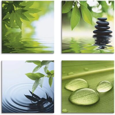 ARTLAND - Blätter Wasser Zen Steinpyramide Tropfen - 40x40 cm - Grün - Canvas print ARTLAND - Blätter Wasser Zen Steinpyramide Tropfen - 40x40 cm - Grün - Canvas print