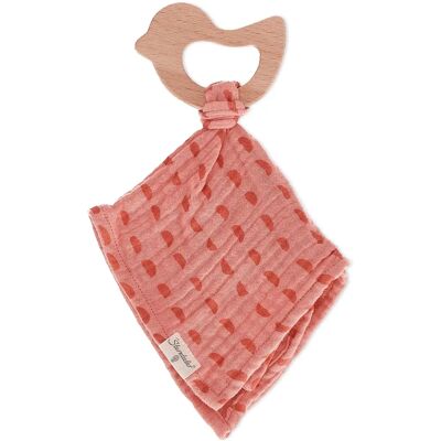 Doudou bébé en coton bio avec anneau de dentition en bois - Aide au sommeil Doudou bébé en coton bio avec anneau de dentition en bois - Aide au sommeil