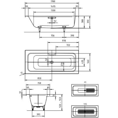 Kaldewei Puro Set Wide Badewanne - Rechteck, 1700x750mm, Weiß Kaldewei Puro Set Wide Badewanne - Rechteck, 1700x750mm, Weiß