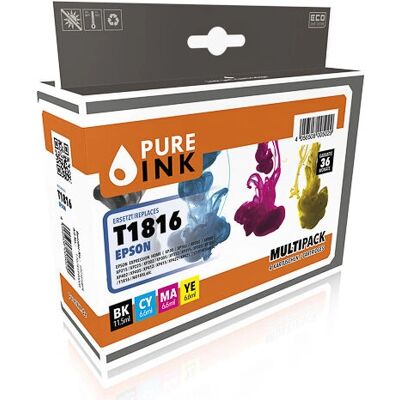 Pure Ink Pack de 4 Cartouches Haute Capacité Noir Cyan Magenta Jaune Pure Ink Pack de 4 Cartouches Haute Capacité Noir Cyan Magenta Jaune
