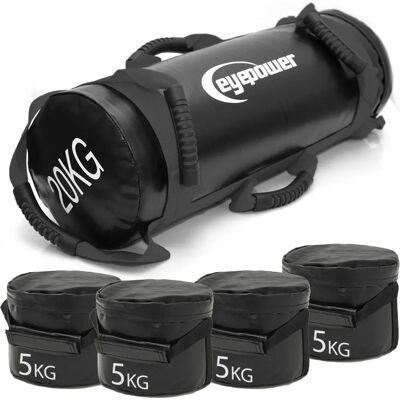 Eyepower - 20kg Power Bag + 4 Pesi Kettlebell con Sabbia/Arena - Bolsa de Arena para Fitness Eyepower - 20kg Power Bag + 4 Pesi Kettlebell con Sabbia/Arena - Bolsa de Arena para Fitness