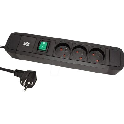 Bachmann Primo 2 Steckdosenleiste - 3 UK/EU Steckdosen, grüner Schalter, 2m Kabel, schwarzes Aluminiumprofil Bachmann Primo 2 Steckdosenleiste - 3 UK/EU Steckdosen, grüner Schalter, 2m Kabel, schwarzes Aluminiumprofil
