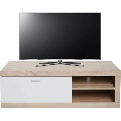 Meuble TV Moderne Mendler - 43x140x42cm - Chêne & Blanc - Publicité Meuble TV Moderne Mendler - 43x140x42cm - Chêne & Blanc - Publicité