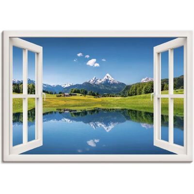 ARTLAND Fensterblick Alpen und Bergsee Wandbild - 70x50cm Blau ARTLAND Fensterblick Alpen und Bergsee Wandbild - 70x50cm Blau