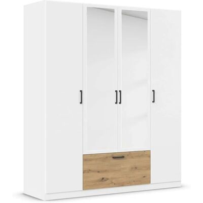 Rauch Bari Kleiderschrank - 180x210x54cm, 4 Türen, Weiß, mit Schublade & Spiegel Rauch Bari Kleiderschrank - 180x210x54cm, 4 Türen, Weiß, mit Schublade & Spiegel