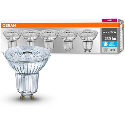 Lampada LED Osram con riflettore - GU10 - Bianco freddo - 4000 K - 2,60 W - PAR16 - Confezione da 5 Lampada LED Osram con riflettore - GU10 - Bianco freddo - 4000 K - 2,60 W - PAR16 - Confezione da 5