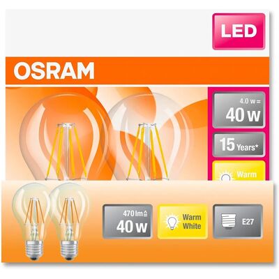 Osram LED-Lampe, klassischer Kolben, 40W Ersatz, E27, A-Form, 2700K, Warmweiß, Klarglas - 2er Pack Osram LED-Lampe, klassischer Kolben, 40W Ersatz, E27, A-Form, 2700K, Warmweiß, Klarglas - 2er Pack