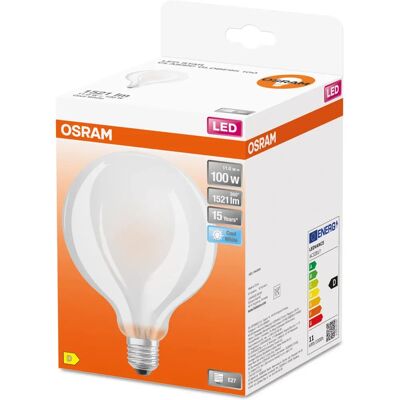 Osram - LED Star GLOBE95 - Lámpara de globo opaca de filamento - Base E27 - Diámetro 95mm - 1521 lúmenes - Bombilla LED - Blanco cálido Osram - LED Star GLOBE95 - Lámpara de globo opaca de filamento - Base E27 - Diámetro 95mm - 1521 lúmenes - Bombilla LED - Blanco cálido