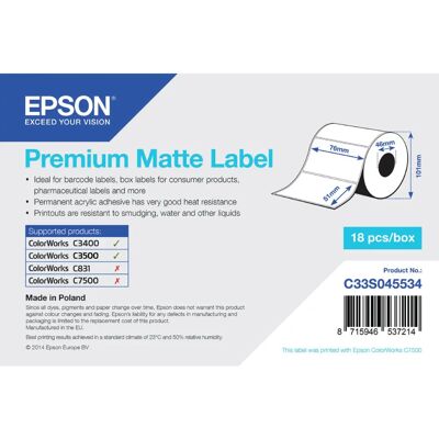 Étiquette mate premium Epson - Découpée - 76mm x 51mm - 650 étiquettes - Publicité Étiquette mate premium Epson - Découpée - 76mm x 51mm - 650 étiquettes - Publicité