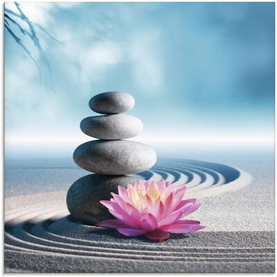 ARTLAND - Sand, Lilie und Spa-Steine in Zen-Garten - Blau - 20x20cm - Glass picture ARTLAND - Sand, Lilie und Spa-Steine in Zen-Garten - Blau - 20x20cm - Glass picture