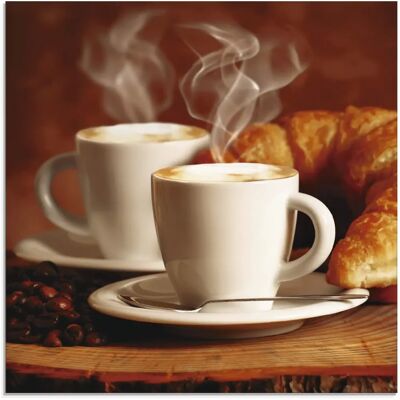 ARTLAND Dampfender Cappuccino und Croissant - Wandkunst / Glasbild ARTLAND Dampfender Cappuccino und Croissant - Wandkunst / Glasbild