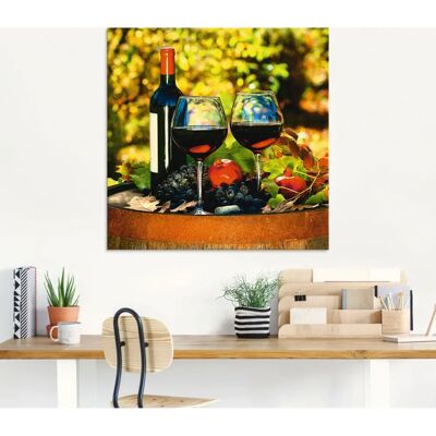 ARTLAND - Gläser Rotwein auf altem Fass - Grünes Glasbild ARTLAND - Gläser Rotwein auf altem Fass - Grünes Glasbild