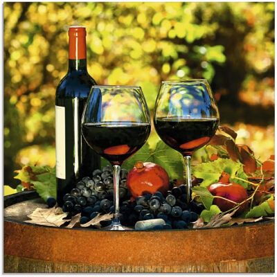 ARTLAND - Gläser Rotwein auf altem Fass - Grünes Glasbild ARTLAND - Gläser Rotwein auf altem Fass - Grünes Glasbild