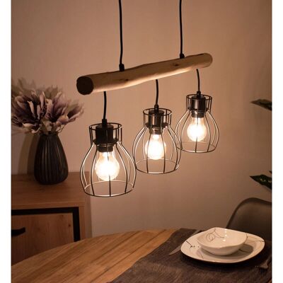 ETC-SHOP - WoodenBeam-3Light-GridShade - legno naturale - Lampa a sospensione ETC-SHOP - WoodenBeam-3Light-GridShade - legno naturale - Lampa a sospensione
