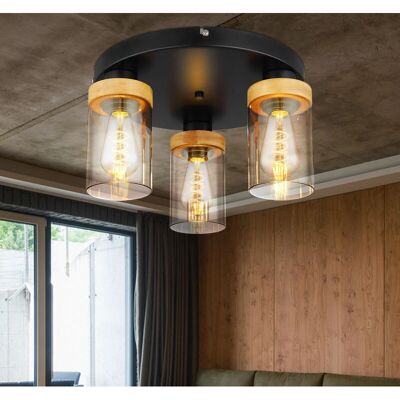 ETC-SHOP - 3xE27 Rauchglas Holz - Deckenleuchte ETC-SHOP - 3xE27 Rauchglas Holz - Deckenleuchte