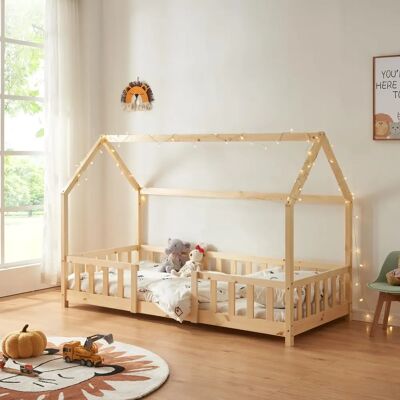 en.casa Lit pour enfants en pin - Forme de maison avec barrière - 200x90cm - Publicité en.casa Lit pour enfants en pin - Forme de maison avec barrière - 200x90cm - Publicité