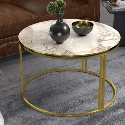 en.casa Aulum Table basse ronde en marbre blanc / or - Table basse - Publicité en.casa Aulum Table basse ronde en marbre blanc / or - Table basse - Publicité