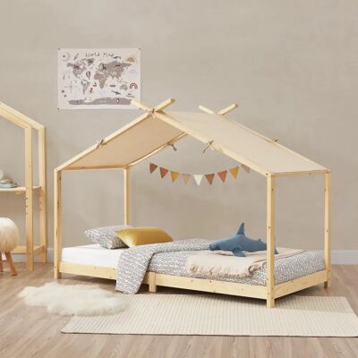 en.casa Cama infantil con techo desmontable - Madera de pino, Natural y Beige en.casa Cama infantil con techo desmontable - Madera de pino, Natural y Beige