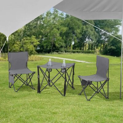 Casa.pro - Mesa portátil con 2 sillas plegables - Gris - Muebles de camping Casa.pro - Mesa portátil con 2 sillas plegables - Gris - Muebles de camping