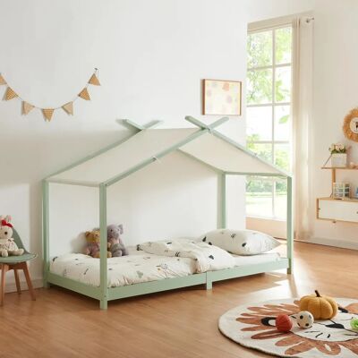 Lit enfant en forme de maison en pin avec toit amovible 90x200cm - Vert et blanc - Publicité Lit enfant en forme de maison en pin avec toit amovible 90x200cm - Vert et blanc - Publicité
