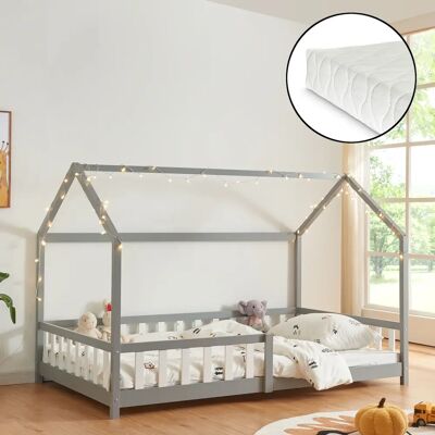 Cama infantil en forma de casa con reja y colchón - Gris Cama infantil en forma de casa con reja y colchón - Gris