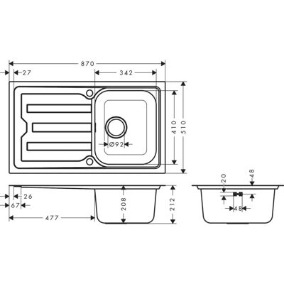 Hansgrohe S44 Edelstahl Einbauspüle - Reversibel, 870x510mm Hansgrohe S44 Edelstahl Einbauspüle - Reversibel, 870x510mm