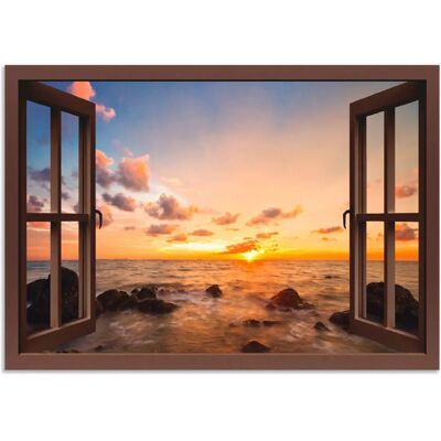 ARTLAND Fensterblick Sonnenuntergang am Meer Wandbild - 100x70cm Braun ARTLAND Fensterblick Sonnenuntergang am Meer Wandbild - 100x70cm Braun