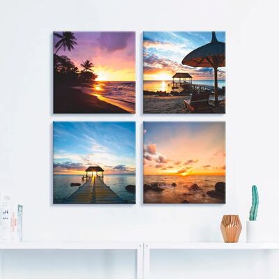 ARTLAND - Sonnenuntergang am Strand - 40x40 cm - Braun 4er Set - Leinwandbild ARTLAND - Sonnenuntergang am Strand - 40x40 cm - Braun 4er Set - Leinwandbild