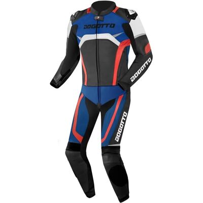 Combinaison en cuir pour moto deux pièces Bogotto Misano - Noir Blanc Rouge Bleu - Publicité Combinaison en cuir pour moto deux pièces Bogotto Misano - Noir Blanc Rouge Bleu - Publicité