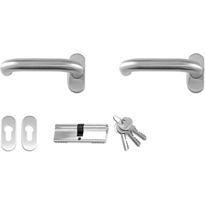 Meeth - Juego de Manillas, Acero Inoxidable, 2 Rosetas, Cilindro con 3 Llaves - Juego de Manillas Meeth - Juego de Manillas, Acero Inoxidable, 2 Rosetas, Cilindro con 3 Llaves - Juego de Manillas