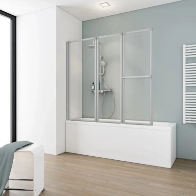 Vitre de douche pour baignoire Schulte - 152 x 140 cm, Pliable, verre à 3 panneaux avec profil en aluminium argenté - Publicité Vitre de douche pour baignoire Schulte - 152 x 140 cm, Pliable, verre à 3 panneaux avec profil en aluminium argenté - Publicité