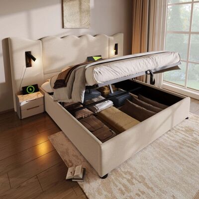 OKWISH - Letto matrimoniale imbottito 180×200 - lámpara de lectura - carga USB-C - estructura de almacenamiento con somier Bed OKWISH - Letto matrimoniale imbottito 180×200 - lámpara de lectura - carga USB-C - estructura de almacenamiento con somier Bed