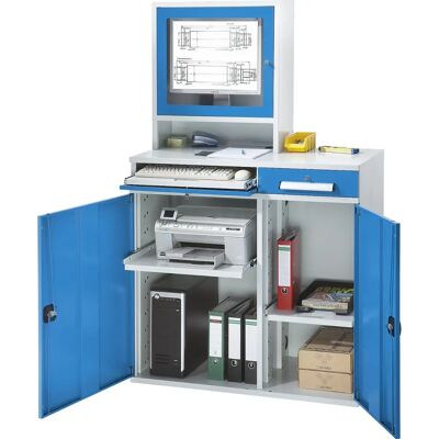 Estación de trabajo para ordenador de acero con compartimento para monitor Estación de trabajo para ordenador de acero con compartimento para monitor