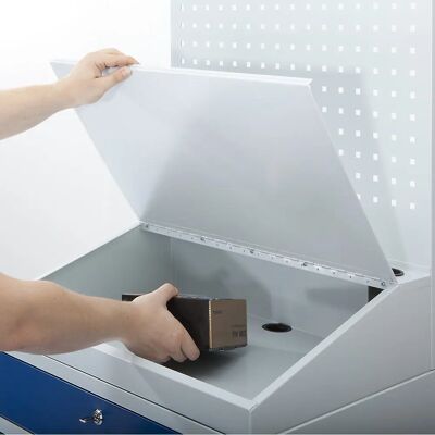 Postazione di lavoro in acciaio EUROKRAFTpro con copri-monitor - Pronto per officina Postazione di lavoro in acciaio EUROKRAFTpro con copri-monitor - Pronto per officina