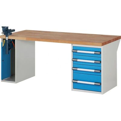 Banco da lavoro modulare Eurokraft Pro - Piano in faggio massiccio, 4 cassetti, blu chiaro RAL 5012 - Sistema di banco lavoro Banco da lavoro modulare Eurokraft Pro - Piano in faggio massiccio, 4 cassetti, blu chiaro RAL 5012 - Sistema di banco lavoro