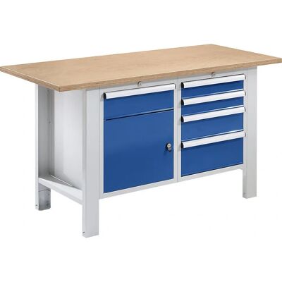 Eurokraft Basic Modularwerkbank - Blau, 1500mm, 5 Schubladen, 1 Tür - Werkbank Eurokraft Basic Modularwerkbank - Blau, 1500mm, 5 Schubladen, 1 Tür - Werkbank
